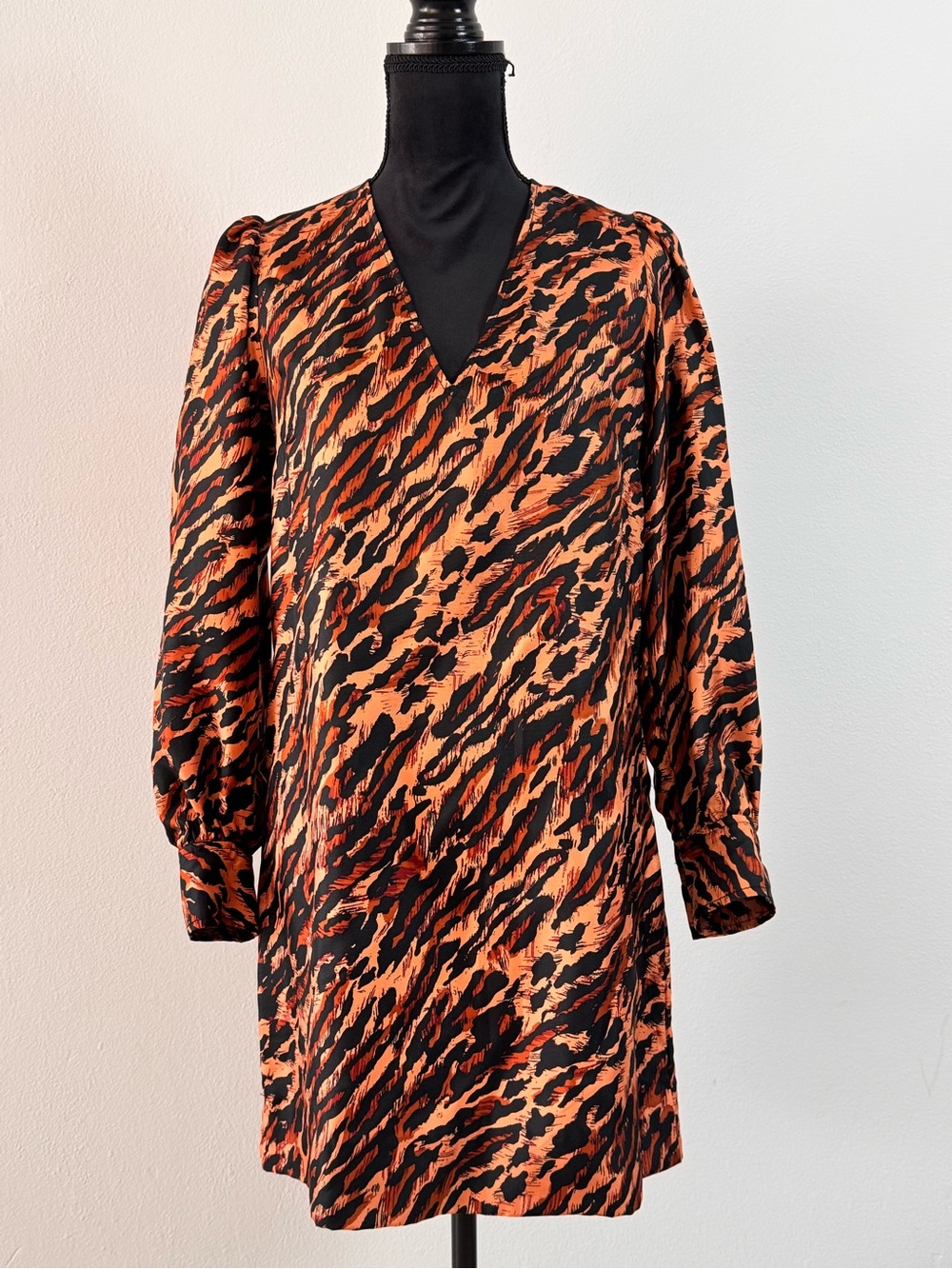 Sandro Paris 100% Silk Animal Print Mini Dress Size S Orange Black